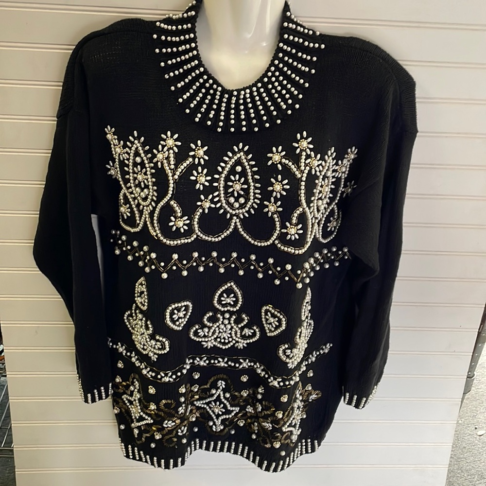 VTG- Margules Pearl & Beaded Mock Neck Long Sweater- 1980’s